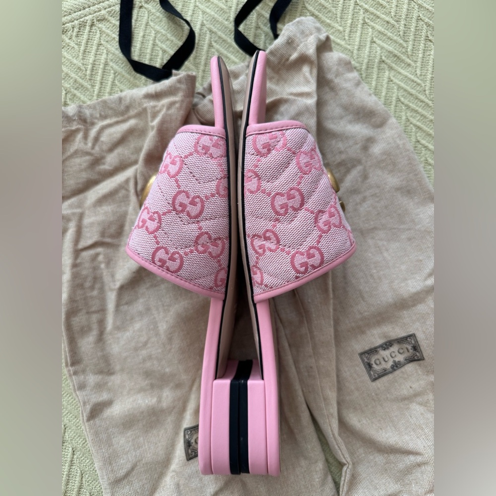 Gucci Pink GG Canvas Slide Sandals with Gold Double G Accent - Picture 12 of 15
